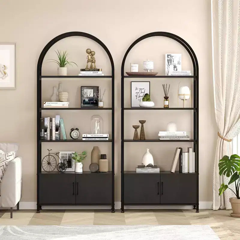 Bibliothèque cintrée, étagère avec portes de rangement, étagère industrielle de 181,6 cm de haut avec cadre métallique robuste et panneaux de qualité