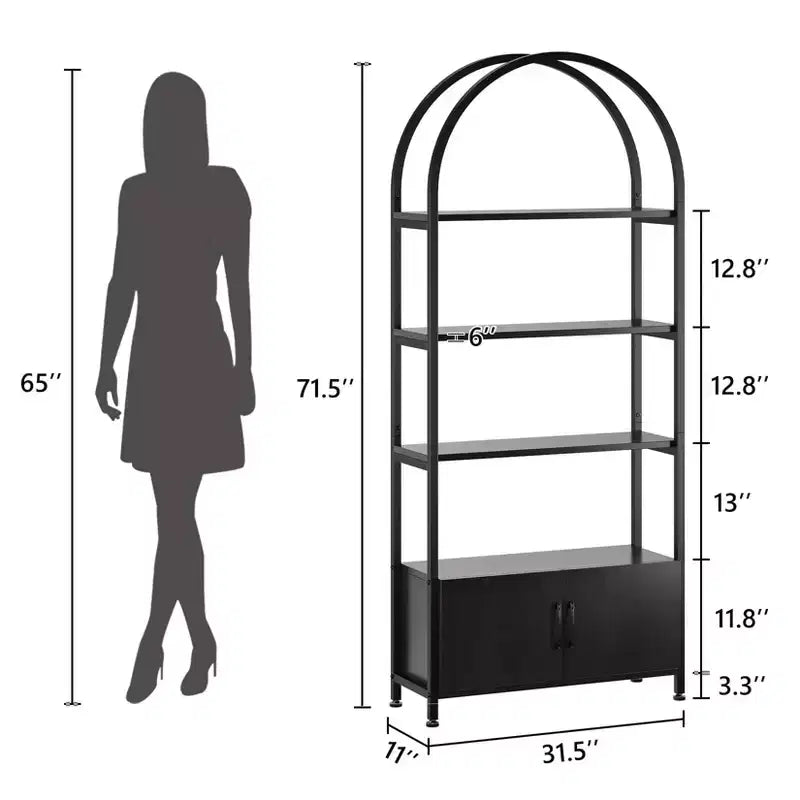 Bibliothèque cintrée, étagère avec portes de rangement, étagère industrielle de 181,6 cm de haut avec cadre métallique robuste et panneaux de qualité