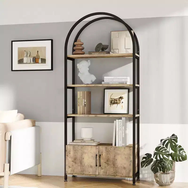Bibliothèque cintrée, étagère avec portes de rangement, étagère industrielle de 181,6 cm de haut avec cadre métallique robuste et panneaux de qualité
