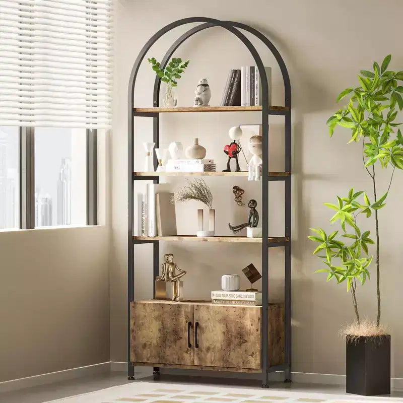 Bibliothèque cintrée, étagère avec portes de rangement, étagère industrielle de 181,6 cm de haut avec cadre métallique robuste et panneaux de qualité