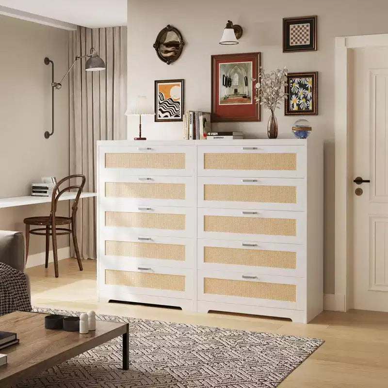 Commode 5 tiroirs en rotin pour chambre à coucher, commode haute de 120 cm avec prises électriques, commode en bois avec poignées en métal pour salon ou placard