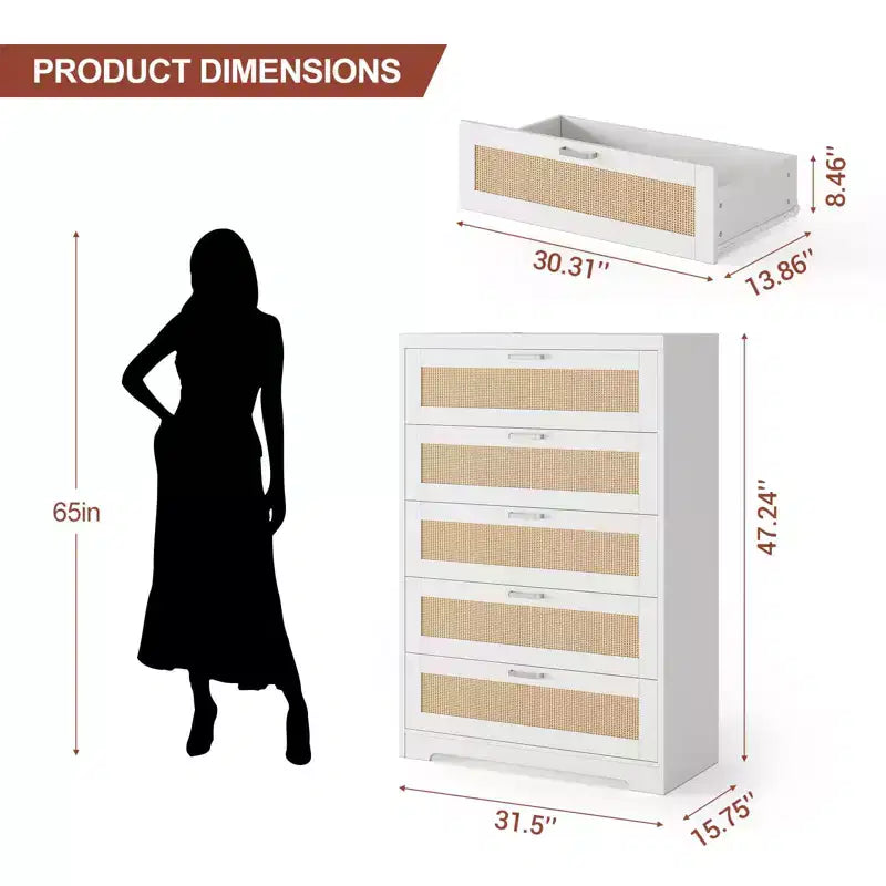 Commode 5 tiroirs en rotin pour chambre à coucher, commode haute de 120 cm avec prises électriques, commode en bois avec poignées en métal pour salon ou placard