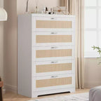 Commode 5 tiroirs en rotin pour chambre à coucher, commode haute de 120 cm avec prises électriques, commode en bois avec poignées en métal pour salon ou placard