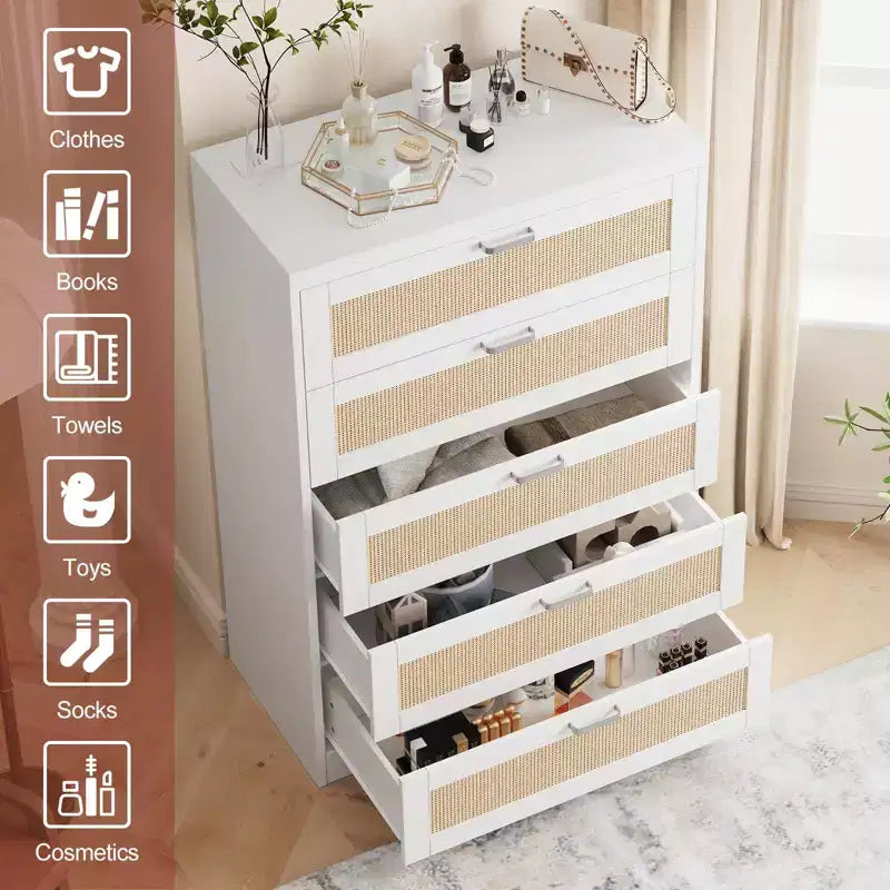 Commode 5 tiroirs en rotin pour chambre à coucher, commode haute de 120 cm avec prises électriques, commode en bois avec poignées en métal pour salon ou placard