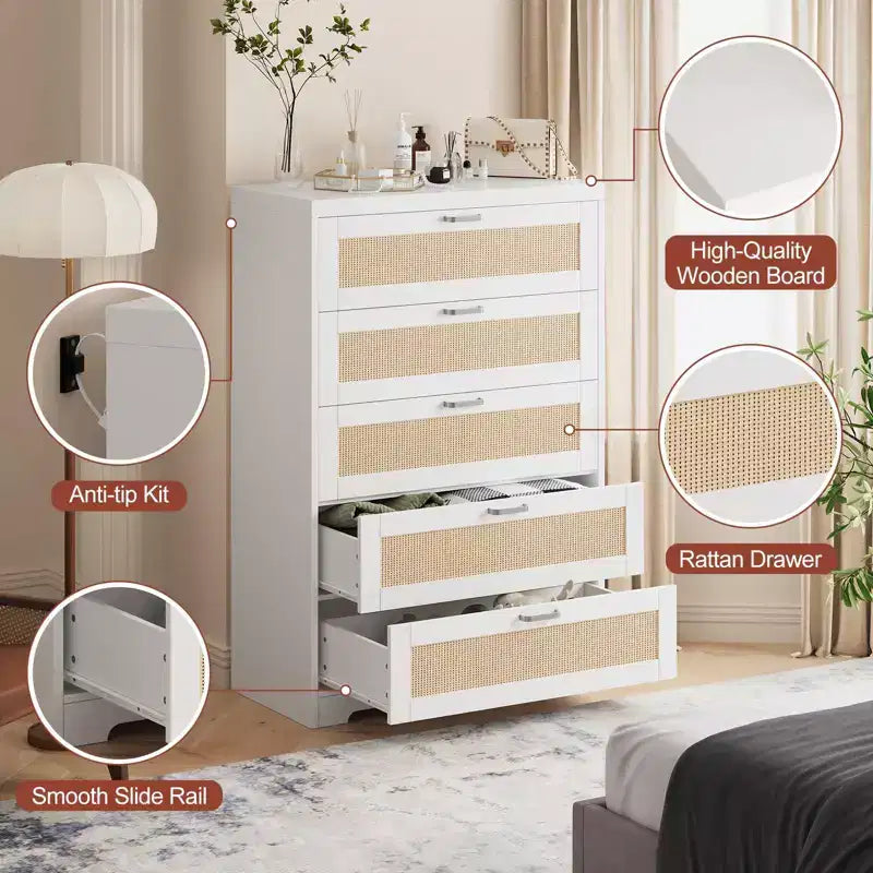 Commode 5 tiroirs en rotin pour chambre à coucher, commode haute de 120 cm avec prises électriques, commode en bois avec poignées en métal pour salon ou placard