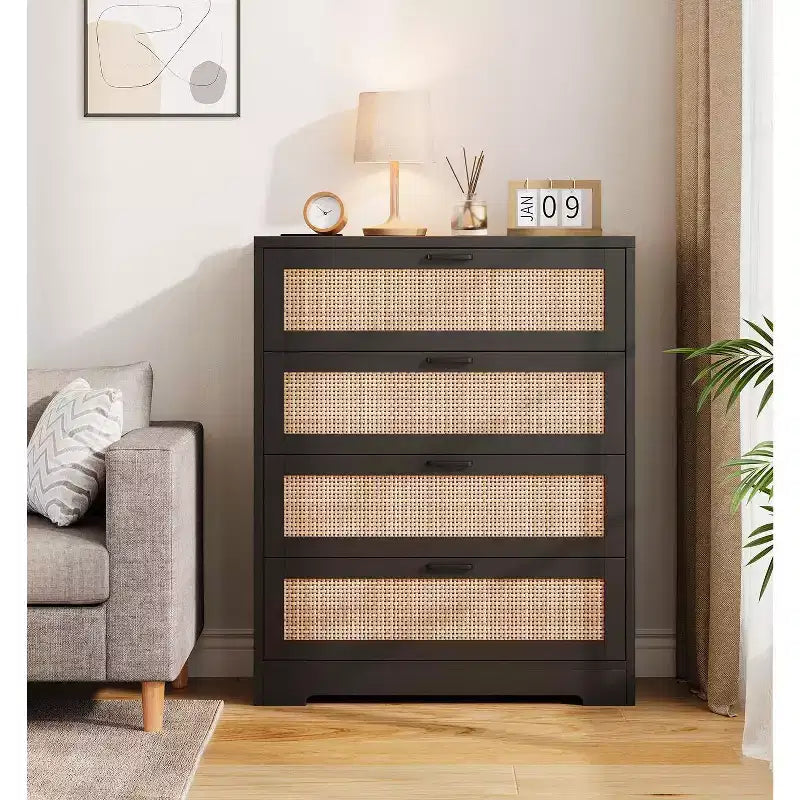 Commode 5 tiroirs en rotin pour chambre à coucher, commode haute de 120 cm avec prises électriques, commode en bois avec poignées en métal pour salon ou placard