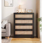 Commode 5 tiroirs en rotin pour chambre à coucher, commode haute de 120 cm avec prises électriques, commode en bois avec poignées en métal pour salon ou placard