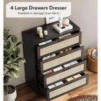 Commode 5 tiroirs en rotin pour chambre à coucher, commode haute de 120 cm avec prises électriques, commode en bois avec poignées en métal pour salon ou placard