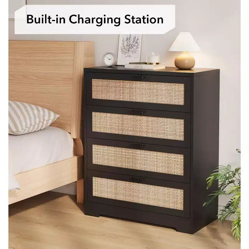 Commode 5 tiroirs en rotin pour chambre à coucher, commode haute de 120 cm avec prises électriques, commode en bois avec poignées en métal pour salon ou placard