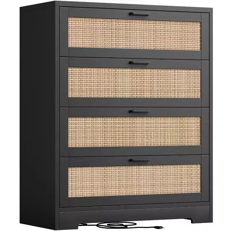 Commode 5 tiroirs en rotin pour chambre à coucher, commode haute de 120 cm avec prises électriques, commode en bois avec poignées en métal pour salon ou placard