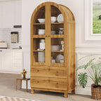 71 Tall Arched Kitchen Pantry Cabinet, Modern Storage Cabinet with 2 Drawers and Glass Door, Kitchen Pantry, Wooden Arched Bookshelf Cupboard