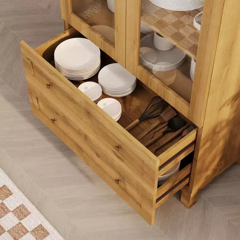 Garde-manger de cuisine haut de 71 po avec arche, armoire de rangement moderne avec 2 tiroirs et porte vitrée, garde-manger de cuisine, bibliothèque en bois arquée