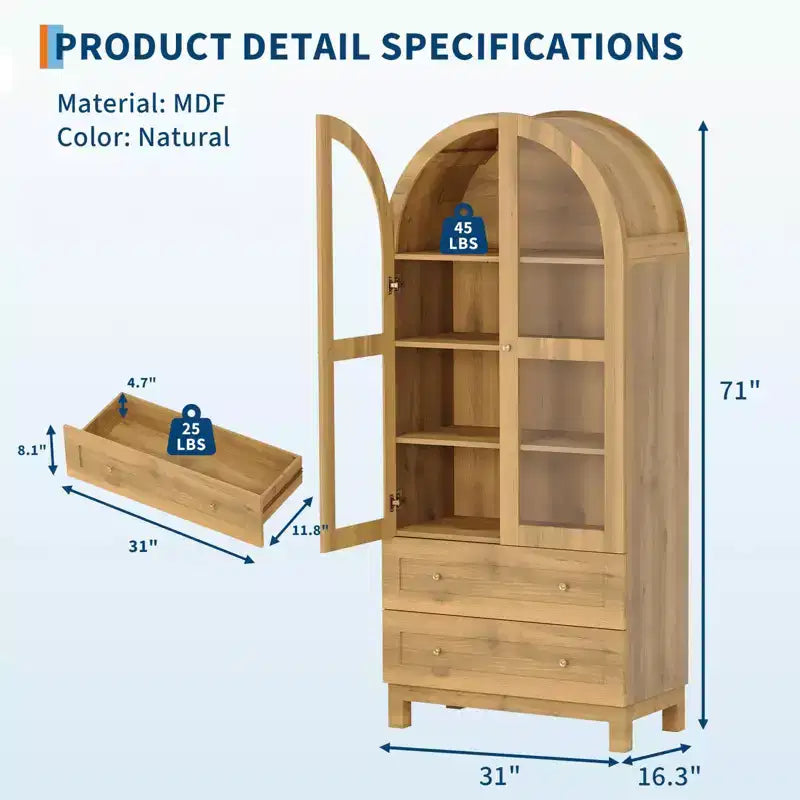 Garde-manger de cuisine haut de 71 po avec arche, armoire de rangement moderne avec 2 tiroirs et porte vitrée, garde-manger de cuisine, bibliothèque en bois arquée