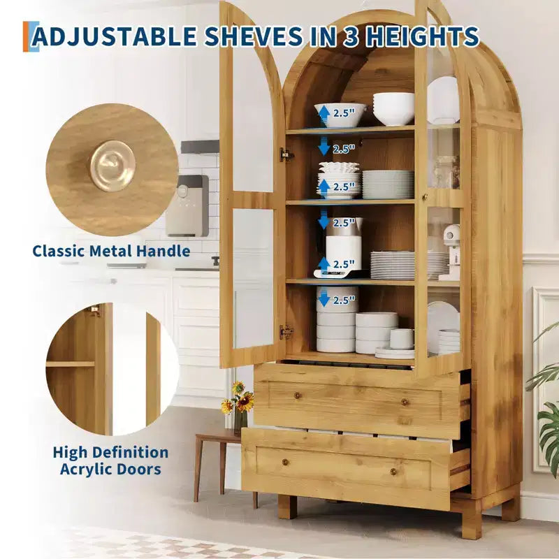 Garde-manger de cuisine haut de 71 po avec arche, armoire de rangement moderne avec 2 tiroirs et porte vitrée, garde-manger de cuisine, bibliothèque en bois arquée