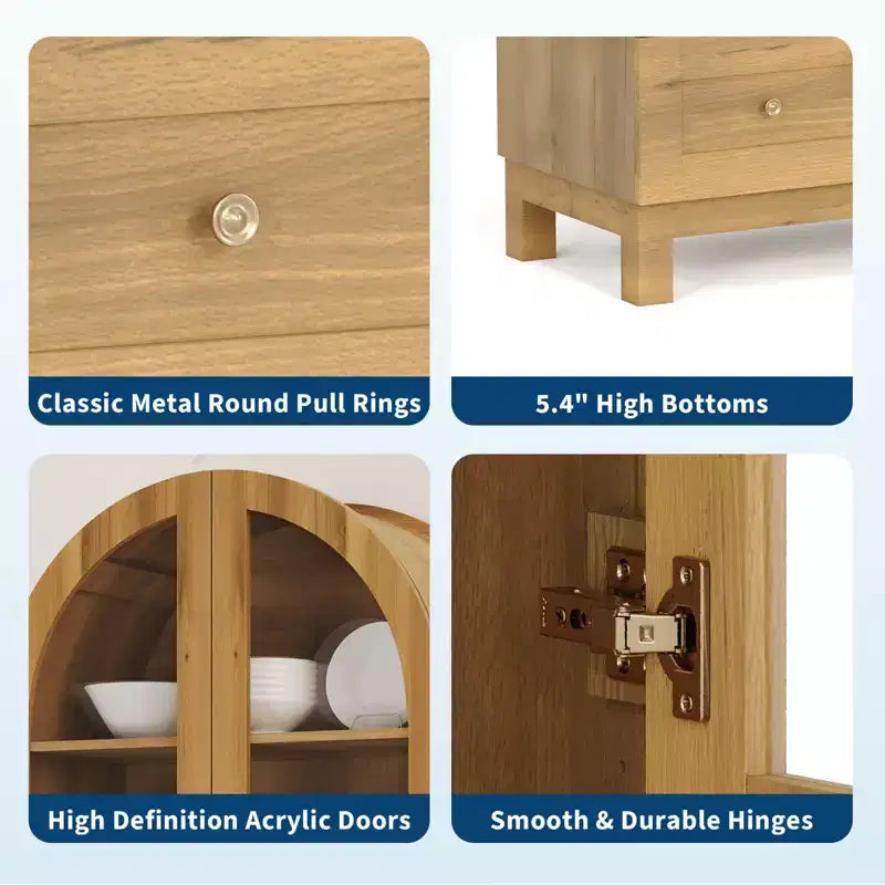 Garde-manger de cuisine haut de 71 po avec arche, armoire de rangement moderne avec 2 tiroirs et porte vitrée, garde-manger de cuisine, bibliothèque en bois arquée