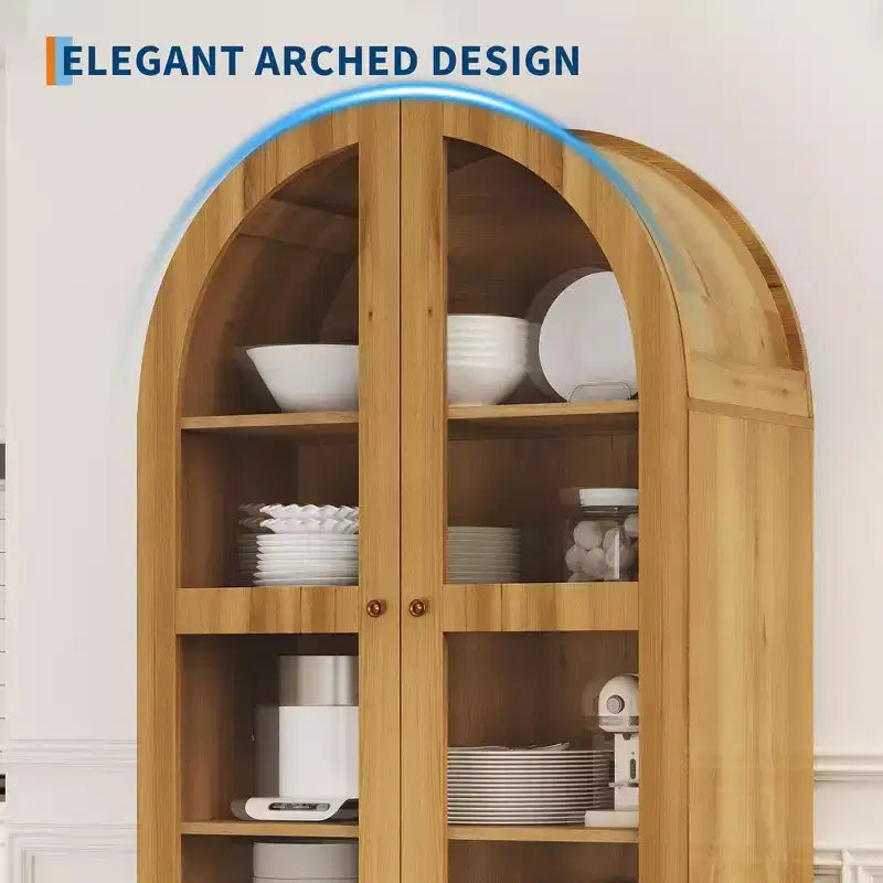 Garde-manger de cuisine haut de 71 po avec arche, armoire de rangement moderne avec 2 tiroirs et porte vitrée, garde-manger de cuisine, bibliothèque en bois arquée