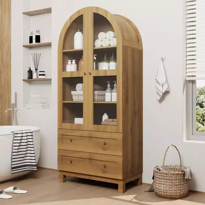 Garde-manger de cuisine haut de 71 po avec arche, armoire de rangement moderne avec 2 tiroirs et porte vitrée, garde-manger de cuisine, bibliothèque en bois arquée