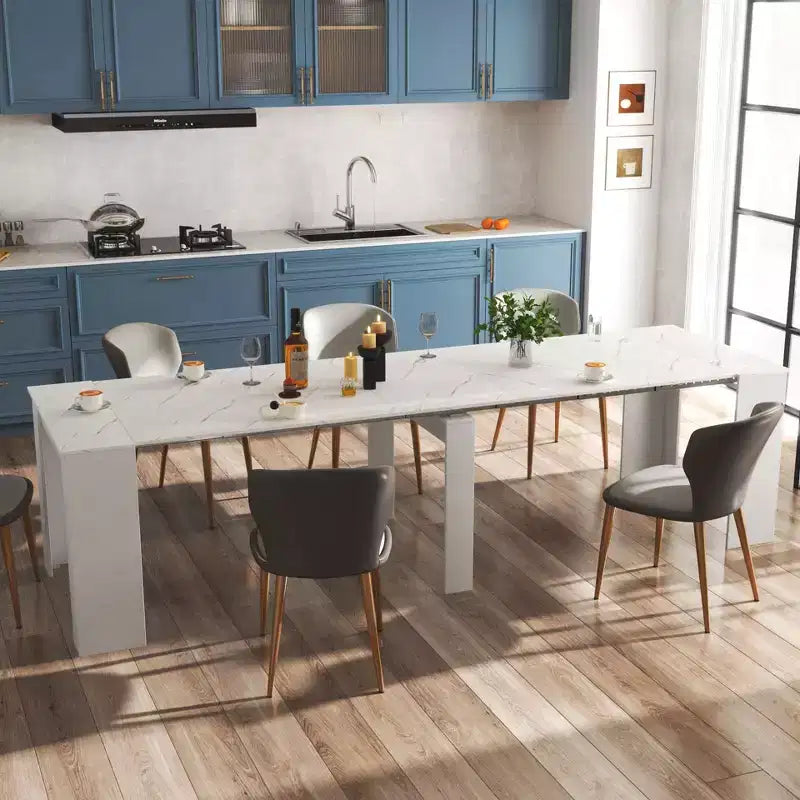 Okak 118IN Modern Extendable Dining Table with Marbal Painting, Folding Table Set for 6 Persons, Kitchen Table for Living Room, Dining Room, White
