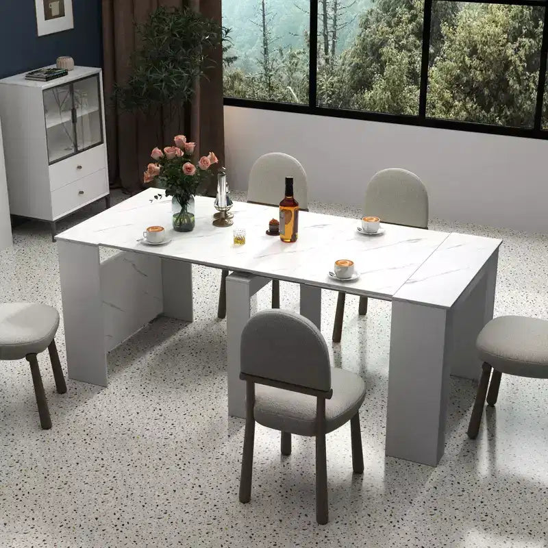 Table à manger extensible moderne Okak 118IN avec peinture effet marbre, ensemble de table pliante pour 6 personnes, table de cuisine pour salon, salle à manger, blanc