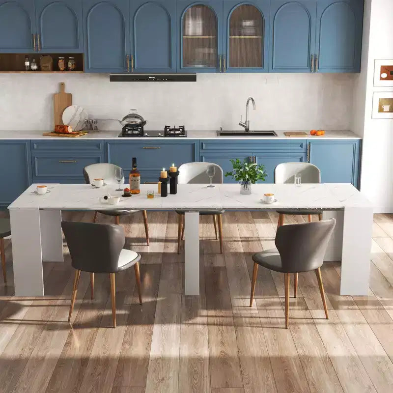 Table à manger extensible moderne Okak 118IN avec peinture effet marbre, ensemble de table pliante pour 6 personnes, table de cuisine pour salon, salle à manger, blanc