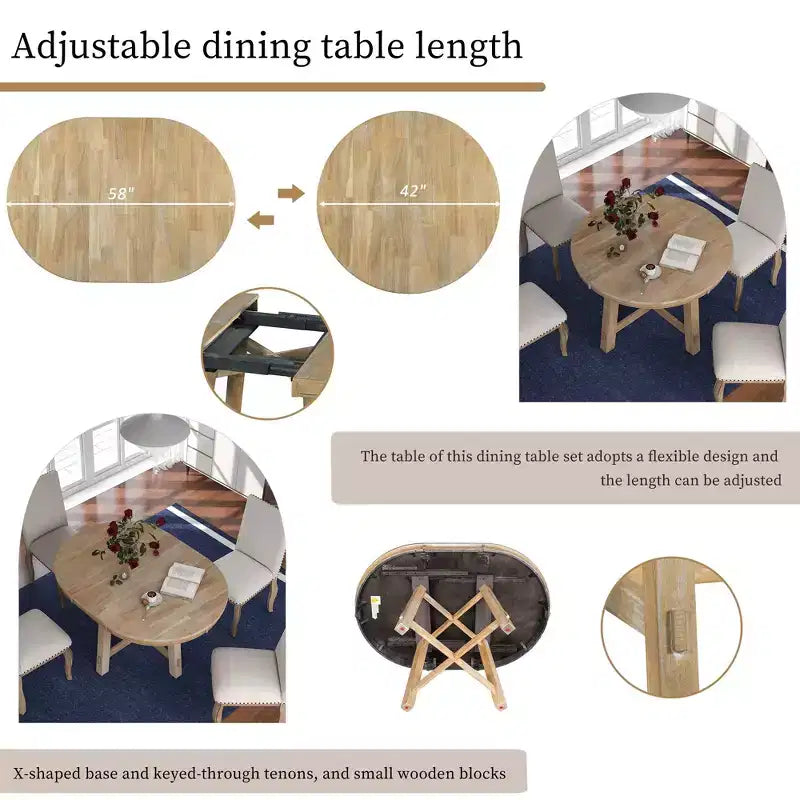 Table à manger ronde extensible Okak 58 po style ferme, table de cuisine avec pieds croisés épais et plateau lourd, table pliante pour salle à manger