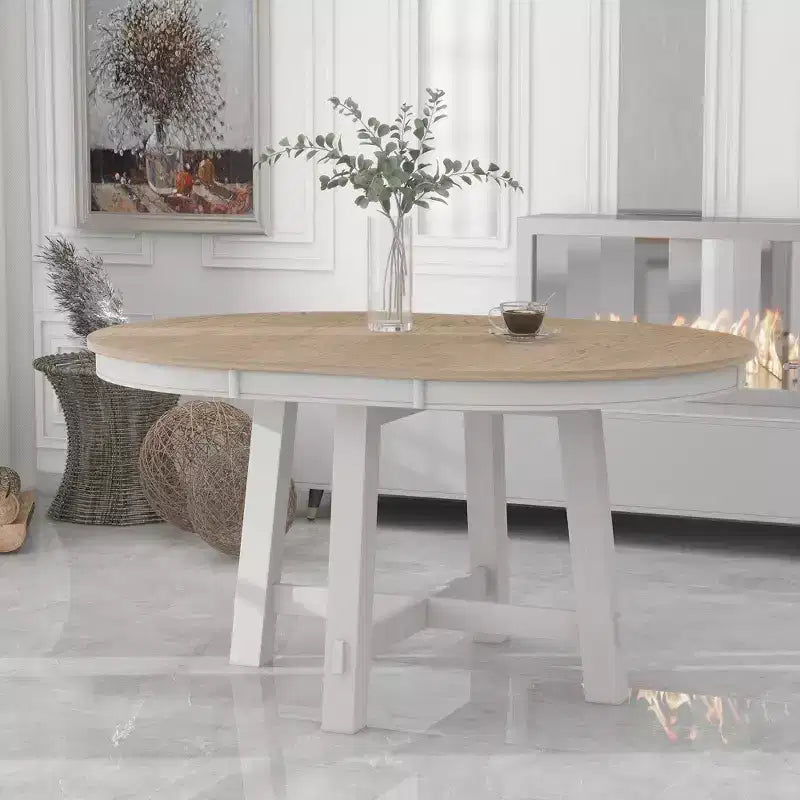 Table à manger ronde extensible Okak 58 po style ferme, table de cuisine avec pieds croisés épais et plateau lourd, table pliante pour salle à manger