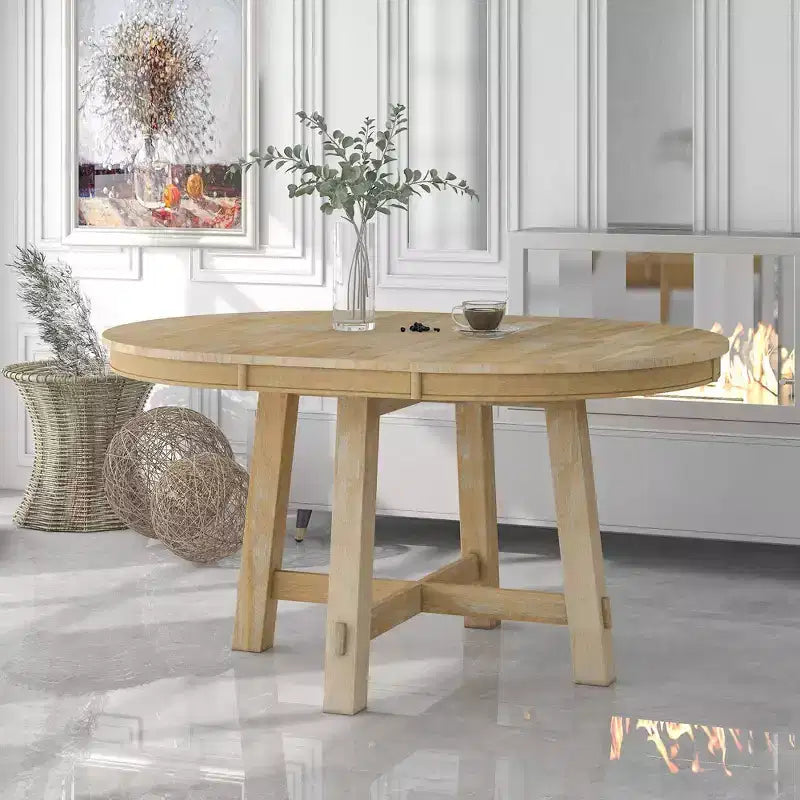 Table à manger ronde extensible Okak 58 po style ferme, table de cuisine avec pieds croisés épais et plateau lourd, table pliante pour salle à manger