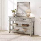 Table d'entrée de 120 cm avec 2 tiroirs, console en bois de style rustique à 3 niveaux avec étagères ouvertes, table de canapé pour couloir de salon en gris