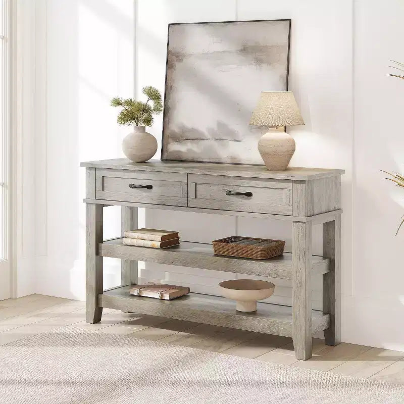Table d'entrée de 120 cm avec 2 tiroirs, console en bois de style rustique à 3 niveaux avec étagères ouvertes, table de canapé pour couloir de salon en gris