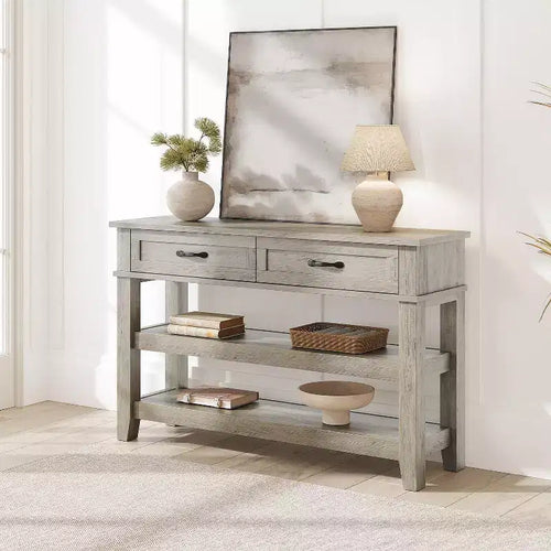 Table d'entrée de 120 cm avec 2 tiroirs, console en bois de style rustique à 3 niveaux avec étagères ouvertes, table de canapé pour couloir de salon en gris