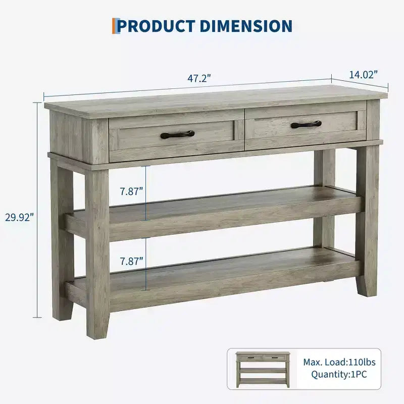 Table d'entrée de 120 cm avec 2 tiroirs, console en bois de style rustique à 3 niveaux avec étagères ouvertes, table de canapé pour couloir de salon en gris