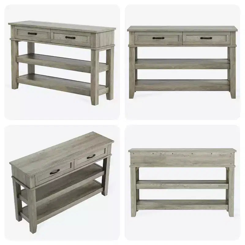 Table d'entrée de 120 cm avec 2 tiroirs, console en bois de style rustique à 3 niveaux avec étagères ouvertes, table de canapé pour couloir de salon en gris