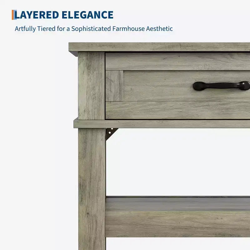 Table d'entrée de 120 cm avec 2 tiroirs, console en bois de style rustique à 3 niveaux avec étagères ouvertes, table de canapé pour couloir de salon en gris