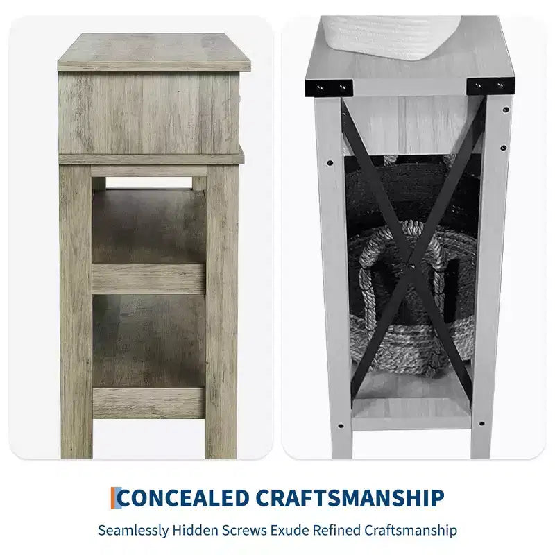 Table d'entrée de 120 cm avec 2 tiroirs, console en bois de style rustique à 3 niveaux avec étagères ouvertes, table de canapé pour couloir de salon en gris