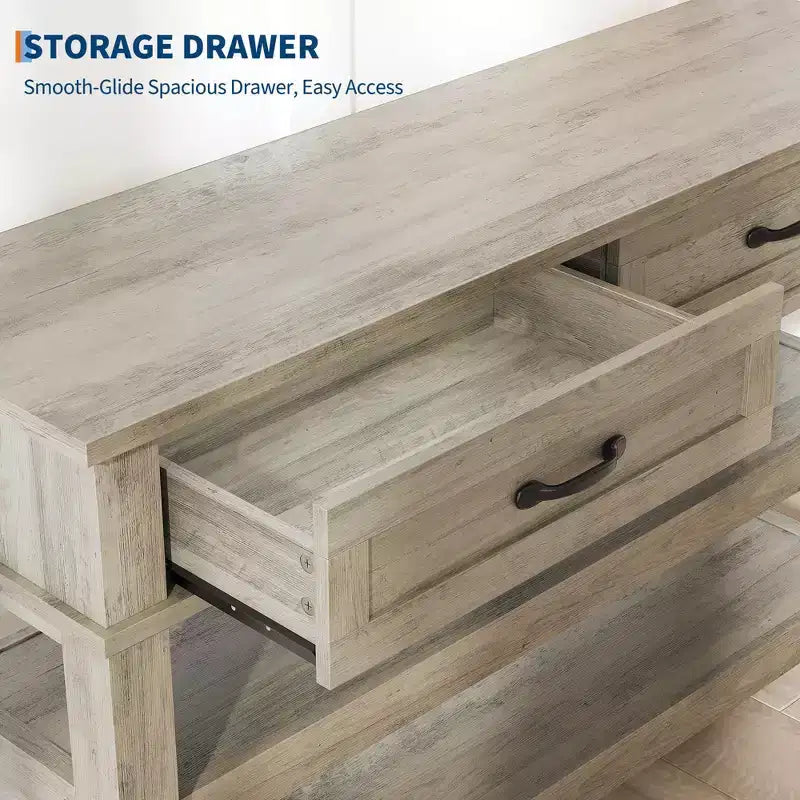 Table d'entrée de 120 cm avec 2 tiroirs, console en bois de style rustique à 3 niveaux avec étagères ouvertes, table de canapé pour couloir de salon en gris