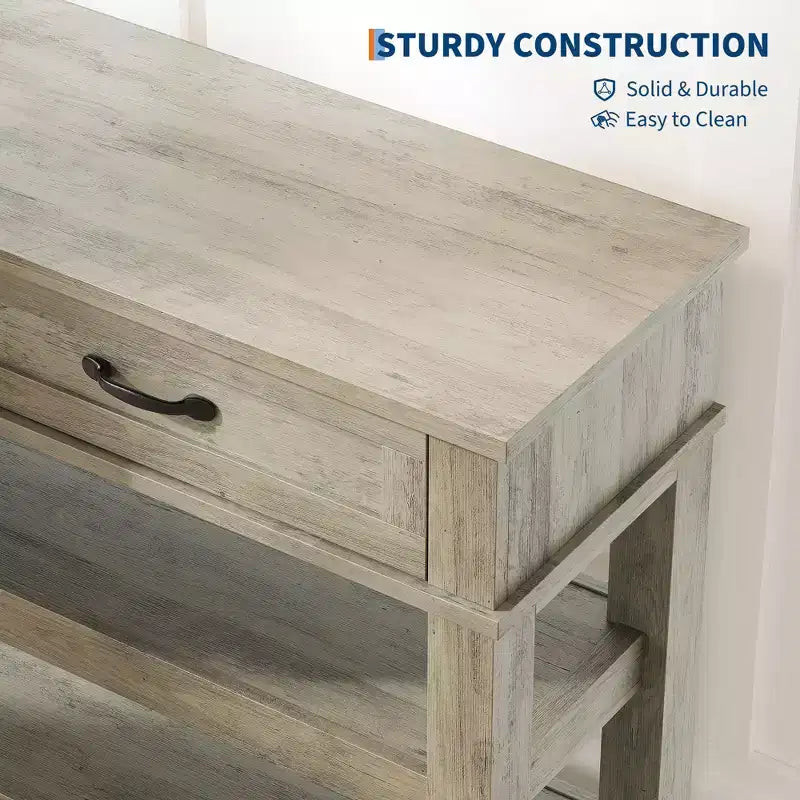Table d'entrée de 120 cm avec 2 tiroirs, console en bois de style rustique à 3 niveaux avec étagères ouvertes, table de canapé pour couloir de salon en gris