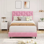 Twin XL Pink Bed Frame - Upholstered Headboard & Adjustable Height, Heavy-Duty Platform Structure, Reliable Wood Slat Support