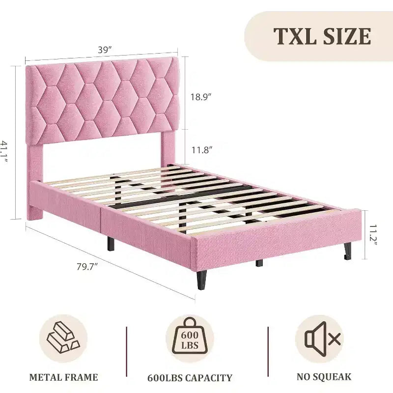Cadre de lit Twin XL rose - Tête de lit rembourrée et hauteur réglable, Structure de plateforme robuste, Support fiable avec lattes en bois