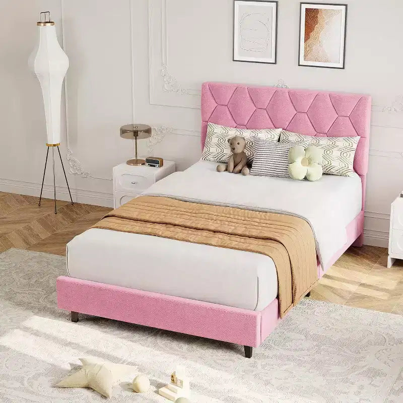 Cadre de lit Twin XL rose - Tête de lit rembourrée et hauteur réglable, Structure de plateforme robuste, Support fiable avec lattes en bois