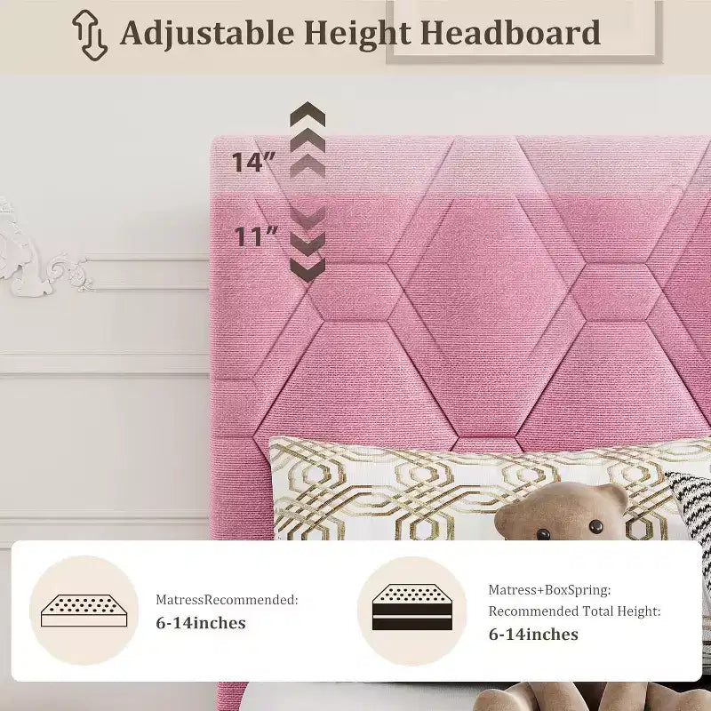 Cadre de lit Twin XL rose - Tête de lit rembourrée et hauteur réglable, Structure de plateforme robuste, Support fiable avec lattes en bois