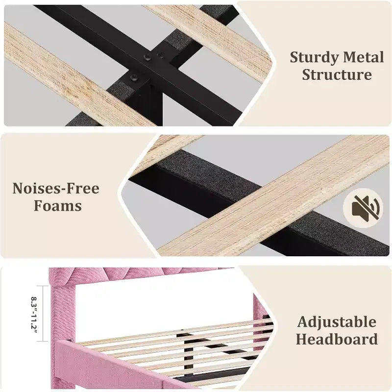 Cadre de lit Twin XL rose - Tête de lit rembourrée et hauteur réglable, Structure de plateforme robuste, Support fiable avec lattes en bois