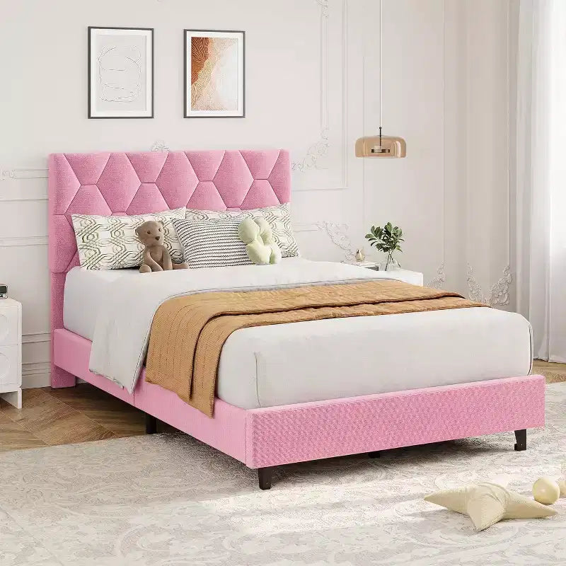 Cadre de lit Twin XL rose - Tête de lit rembourrée et hauteur réglable, Structure de plateforme robuste, Support fiable avec lattes en bois