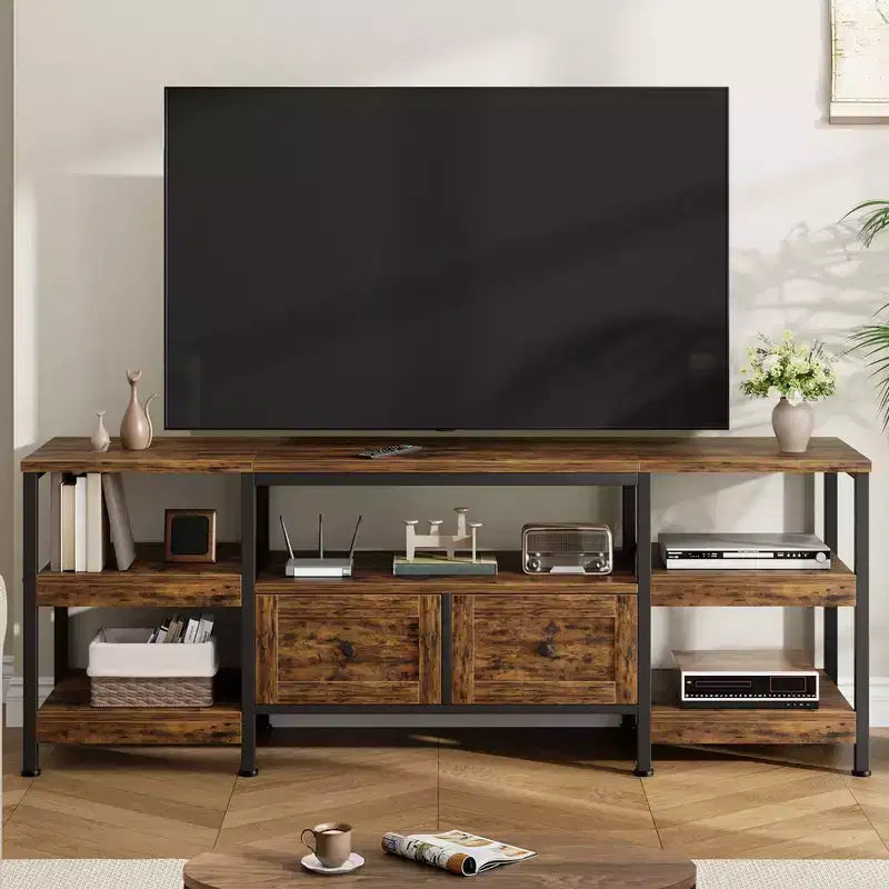 Meuble TV industriel rustique avec 2 tiroirs et étagères ouvertes, salon/salle de cinéma maison, convient aux espaces de vie à aire ouverte