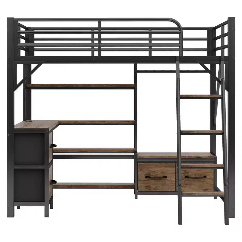 Lit mezzanine en métal pleine grandeur Whisen avec bureau, lumière, étagères de rangement, armoire et tiroirs, confortable et sûr