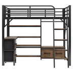 Lit mezzanine en métal pleine grandeur Whisen avec bureau, lumière, étagères de rangement, armoire et tiroirs, confortable et sûr