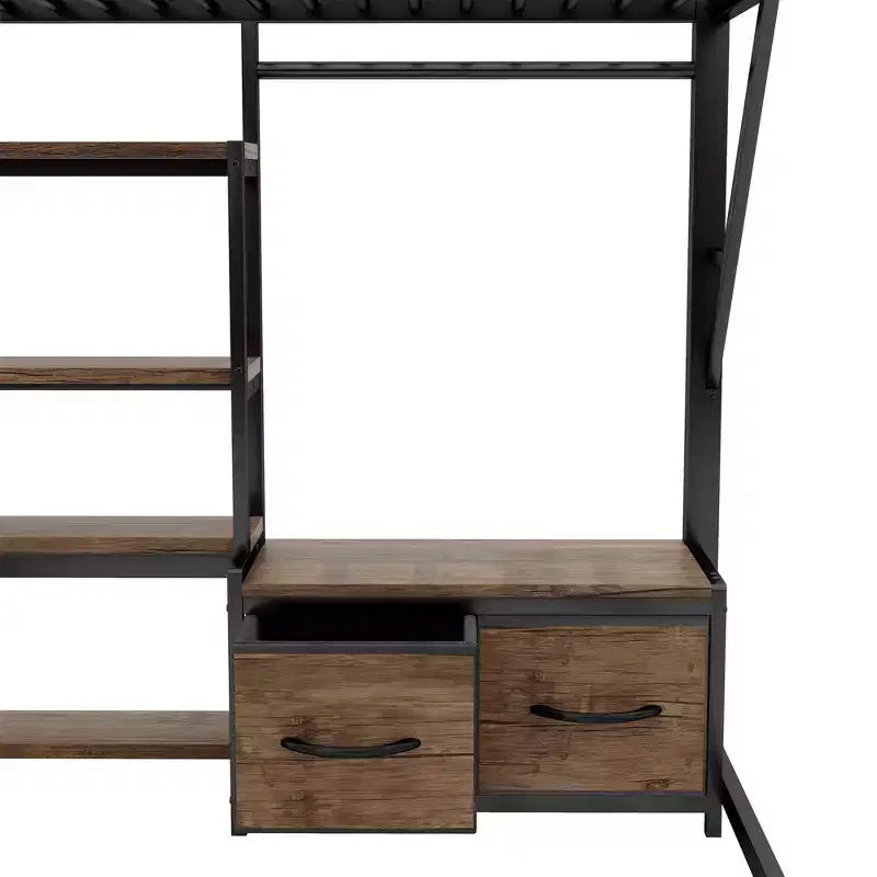 Lit mezzanine en métal pleine grandeur Whisen avec bureau, lumière, étagères de rangement, armoire et tiroirs, confortable et sûr