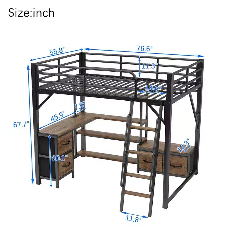 Lit mezzanine en métal pleine grandeur Whisen avec bureau, lumière, étagères de rangement, armoire et tiroirs, confortable et sûr