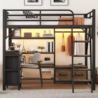 Lit mezzanine en métal pleine grandeur Whisen avec bureau, lumière, étagères de rangement, armoire et tiroirs, confortable et sûr