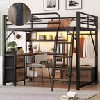Lit mezzanine en métal pleine grandeur Whisen avec bureau, lumière, étagères de rangement, armoire et tiroirs, confortable et sûr