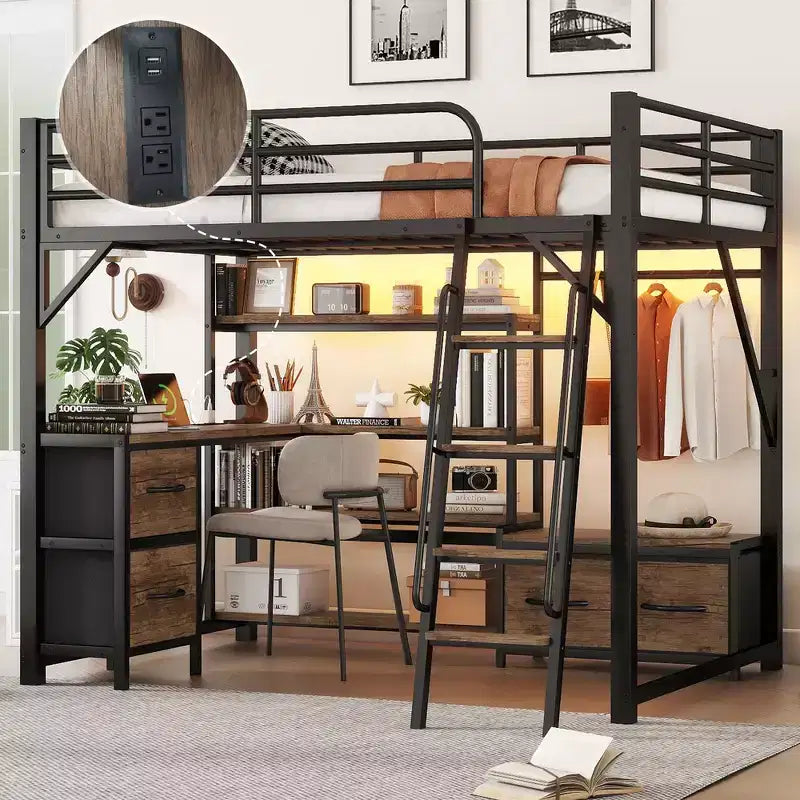 Lit mezzanine en métal pleine grandeur Whisen avec bureau, lumière, étagères de rangement, armoire et tiroirs, confortable et sûr